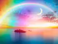 Un arcobaleno magico si estende sul mare calmo, con una luna crescente e uno stormo di uccelli che volano verso il ponte dell'arcobaleno.