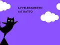 Un gatto nero stilizzato con occhi bianchi, su sfondo viola con nuvole. Il testo "AVVELENAMENTO nel GATTO" suggerisce un pericolo.