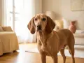 Un elegante segugio cane color miele, con lunghe orecchie flosce, posa in un soggiorno luminoso.