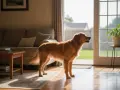 Golden retriever in casa, forse cerca rimedi per un cane che abbaia in continuazione.