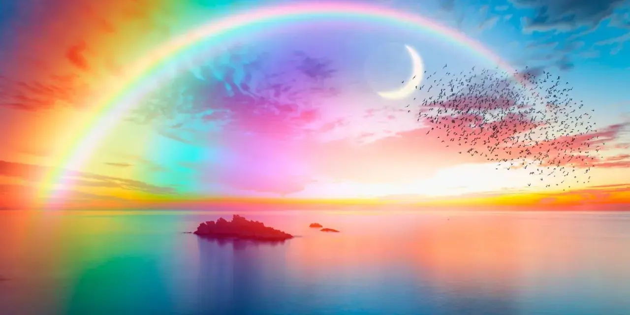 Un arcobaleno magico si estende sul mare calmo, con una luna crescente e uno stormo di uccelli che volano verso il ponte dell'arcobaleno.