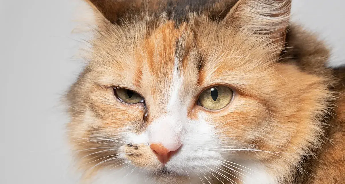 Occhi dolci e un po' tristi di un pica gatto tricolore, con una goccia che scende dall'occhio sinistro.