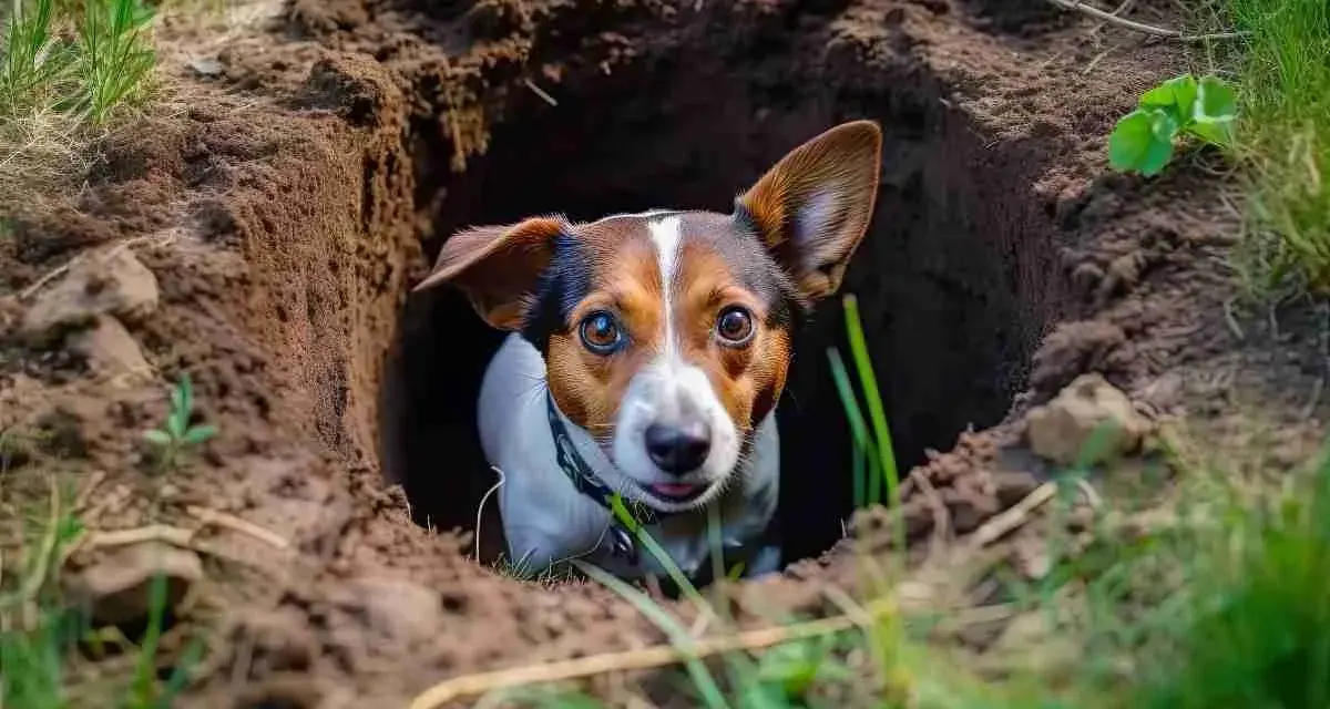 Un cane curioso emerge da una buca scavata nel terreno, forse per capire perché il cane scava sul pavimento.