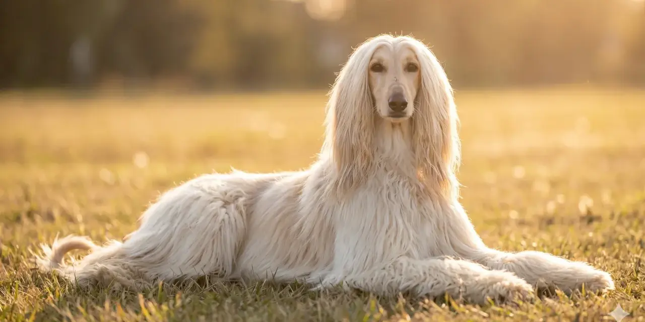 Un maestoso levriero afgano, uno dei cani grandi pelosi, riposa sull'erba dorata al tramonto.