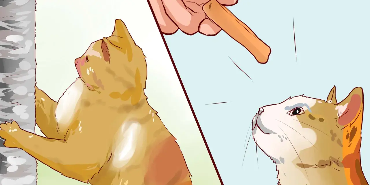 Gatto arrampicato su un albero, mentre una mano offre un bocconcino per insegnare come educare un gatto a non fare qualcosa.