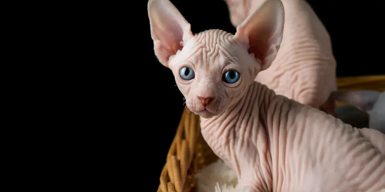 Un adorabile gatto senza pelo con occhi azzurri, seduto in un cesto di vimini su uno sfondo nero.