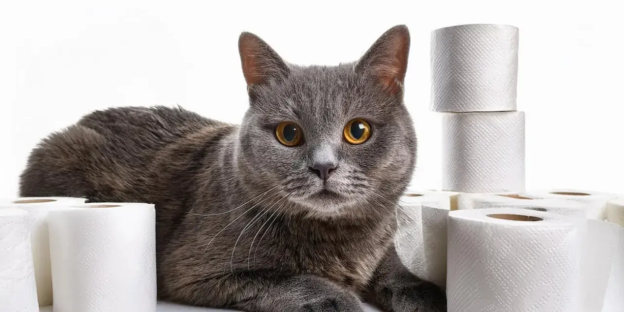 Gatto grigio con occhi dorati circondato da rotoli di carta igienica, forse per un caso di diarrea gatto.