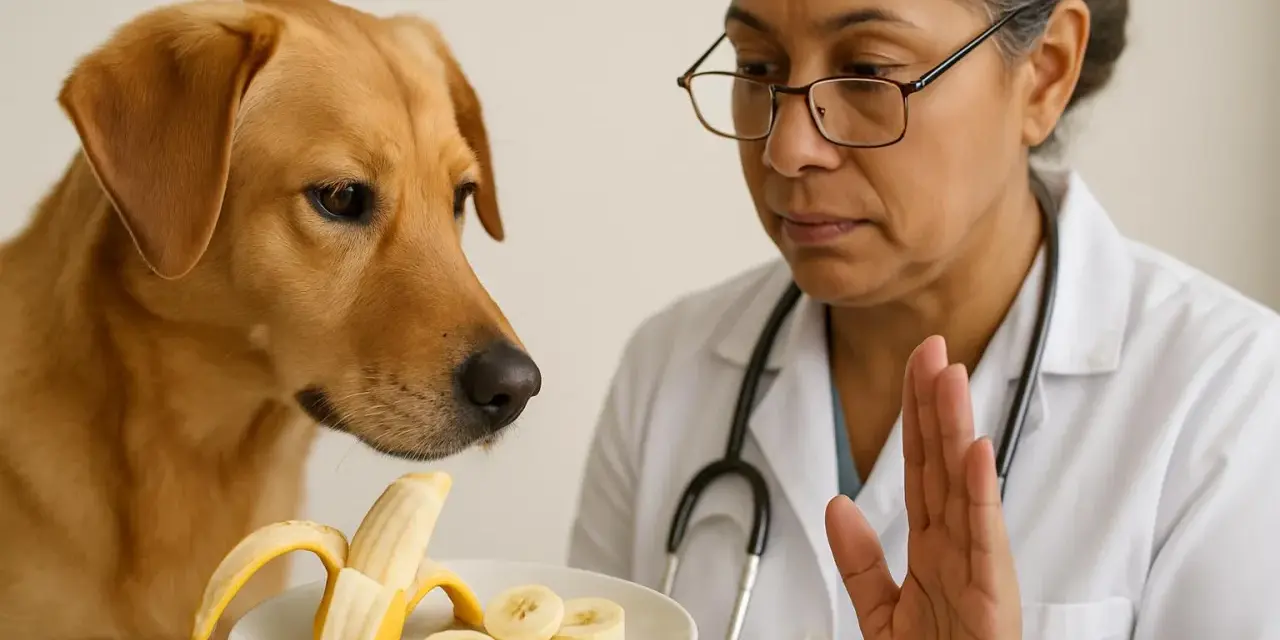 Veterinaria ferma un cane goloso che vuole mangiare una banana. La corretta alimentazione cane è fondamentale.