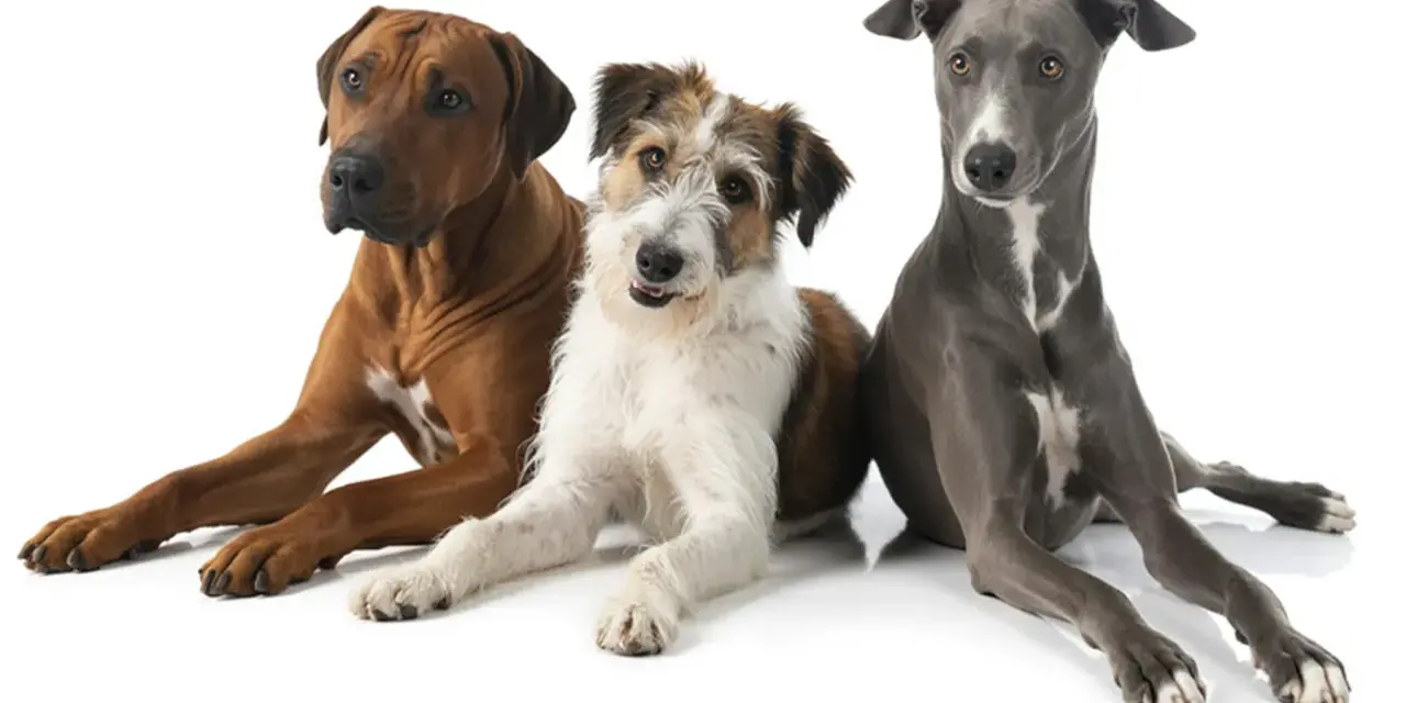 Tre cani di taglia media: un Rhodesian Ridgeback, un meticcio dal pelo lungo e un Levriero.