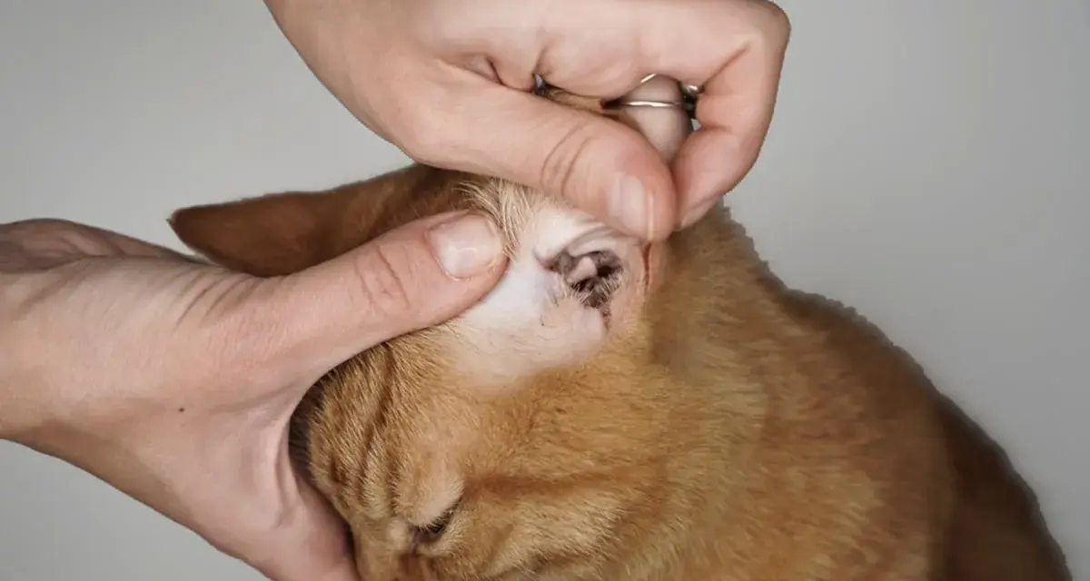 Mani esaminano l'orecchio di un gatto arancione, mostrando segni di otite da acari del gatto.