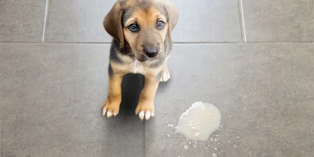 Dolce cucciolo con occhi tristi accanto a una macchia di vomito cane sul pavimento piastrellato.