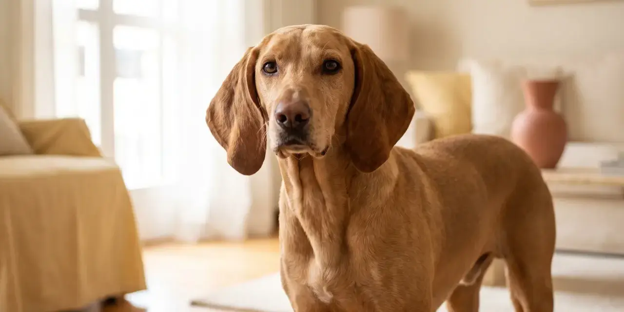 Un elegante segugio cane color miele, con lunghe orecchie flosce, posa in un soggiorno luminoso.