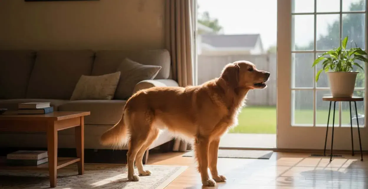Golden retriever in casa, forse cerca rimedi per un cane che abbaia in continuazione.