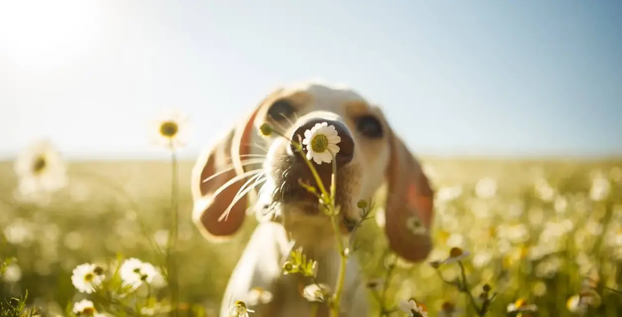 Un cane annusa una camomilla in un prato fiorito, con il sole che illumina la scena.