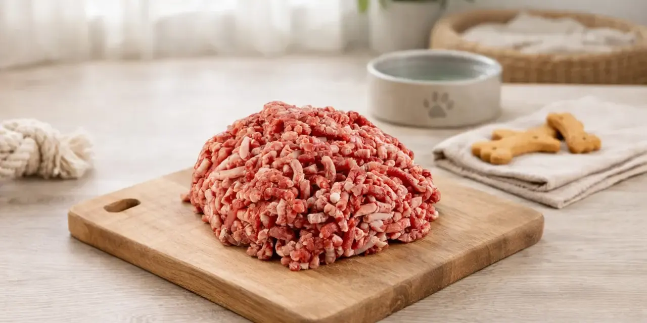 Un mucchio di lonza di maiale per cani macinata su un tagliere di legno, con biscotti a forma di osso e una ciotola per cani sullo sfondo.