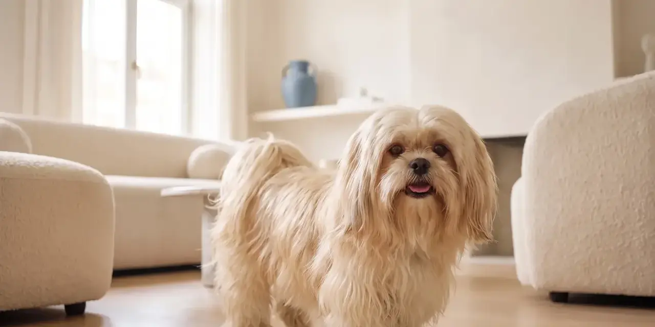 Un adorabile shih tzu dal pelo lungo e chiaro si guarda intorno in un soggiorno moderno e luminoso, con divani bianchi e un grande arco finestrato.