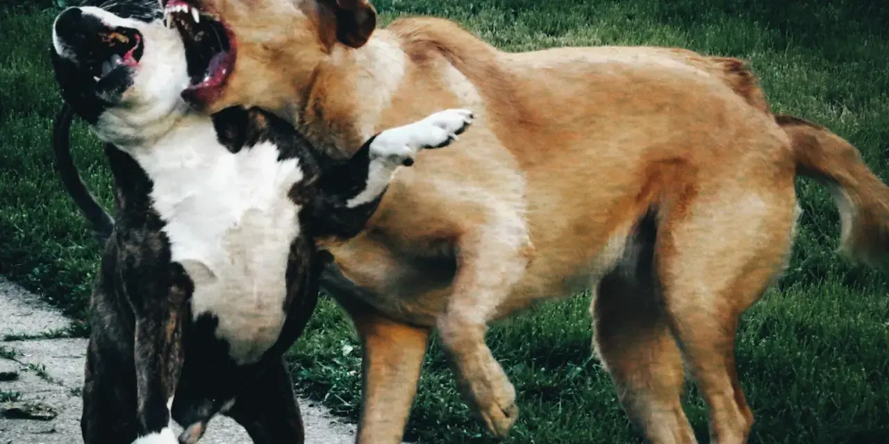 Un cane corso arrabbiato ringhia con la bocca spalancata, mostrando i denti aguzzi. Un altro cane lotta con lui.