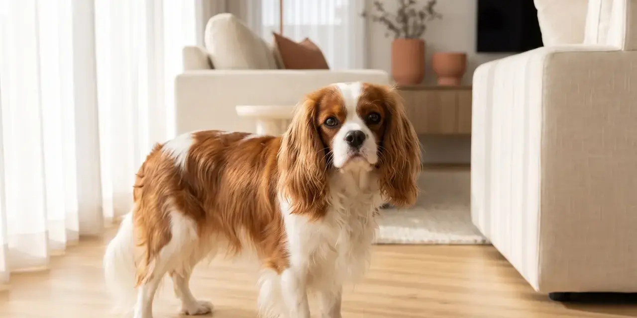 Un adorabile king charles spaniel con pelo bianco e castano guarda dritto, in un soggiorno moderno.