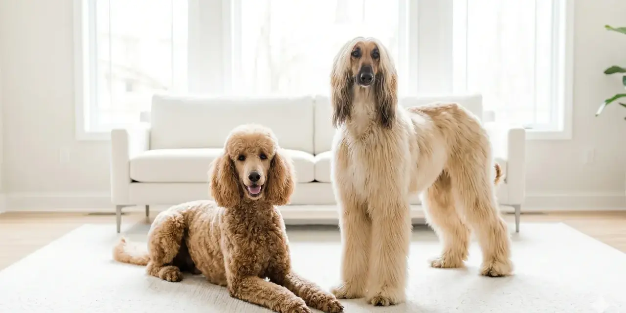 Un barboncino color caramello e un levriero afgano, un vero cane gigante, posano su un tappeto bianco davanti a un divano.
