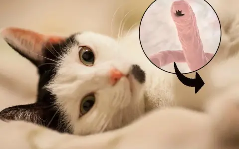 Gatto bianco e nero con un ingrandimento di vermi polmonari, un pericolo per la salute felina.