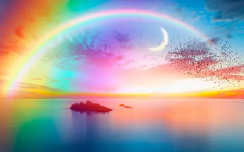 Un arcobaleno magico si estende sul mare calmo, con una luna crescente e uno stormo di uccelli che volano verso il ponte dell'arcobaleno.