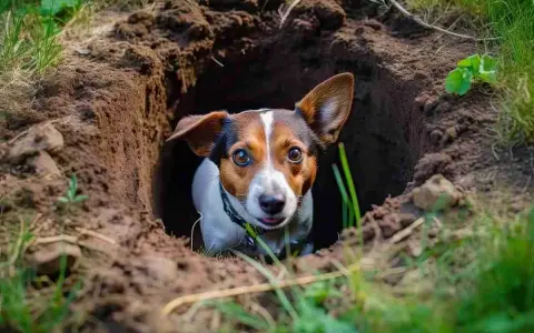 Un cane curioso emerge da una buca scavata nel terreno, forse per capire perché il cane scava sul pavimento.