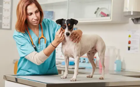 Veterinaria esamina un cane, preoccupata per la sua albumina bassa.