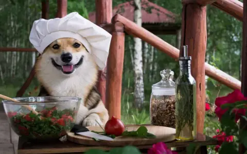 Un simpatico chef corgi prepara un'insalata, con ingredienti freschi e la certezza che i cani possono mangiare il prezzemolo.