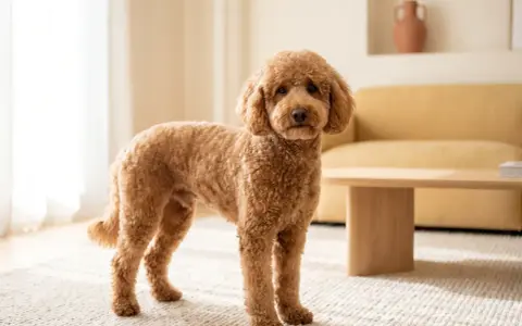 Un adorabile barboncino medio color caramello, con il pelo riccio e gli occhi dolci, posa su un tappeto chiaro in un soggiorno luminoso.