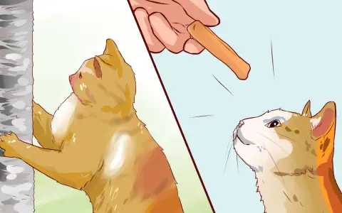 Gatto arrampicato su un albero, mentre una mano offre un bocconcino per insegnare come educare un gatto a non fare qualcosa.