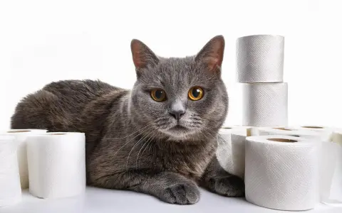 Gatto grigio con occhi dorati circondato da rotoli di carta igienica, forse per un caso di diarrea gatto.
