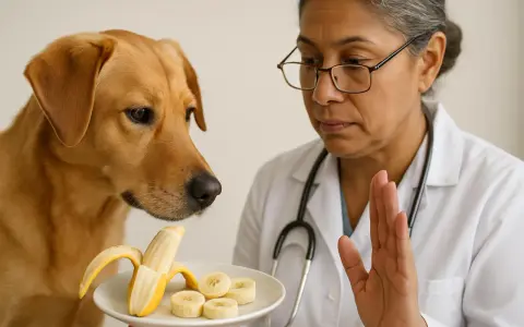 Veterinaria ferma un cane goloso che vuole mangiare una banana. La corretta alimentazione cane è fondamentale.