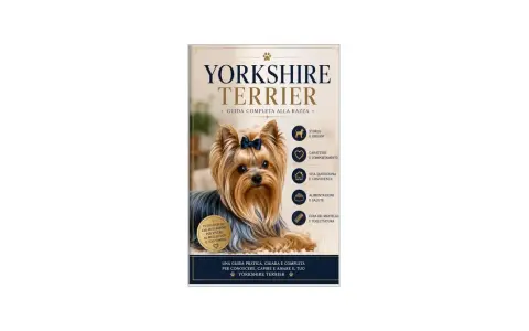 Un adorabile Yorkshire Terrier con un fiocco blu, protagonista di una guida completa sulla razza.