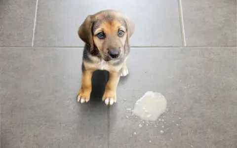 Dolce cucciolo con occhi tristi accanto a una macchia di vomito cane sul pavimento piastrellato.