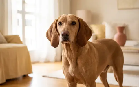 Un elegante segugio cane color miele, con lunghe orecchie flosce, posa in un soggiorno luminoso.