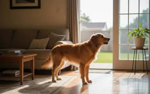 Golden retriever in casa, forse cerca rimedi per un cane che abbaia in continuazione.