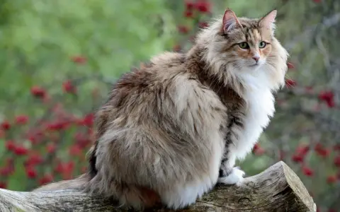 Un magnifico gatto norvegese delle foreste, con folta pelliccia e occhi verdi, posa su un tronco d'albero.