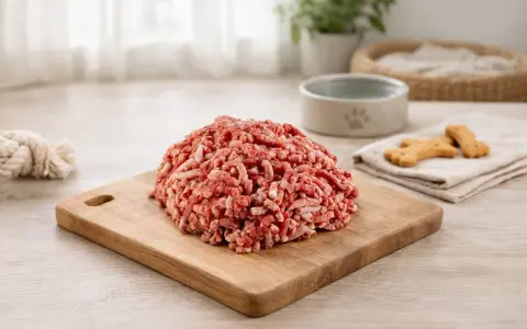 Un mucchio di lonza di maiale per cani macinata su un tagliere di legno, con biscotti a forma di osso e una ciotola per cani sullo sfondo.