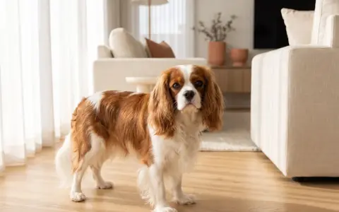 Un adorabile king charles spaniel con pelo bianco e castano guarda dritto, in un soggiorno moderno.