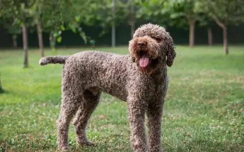 Un allegro lagotto romagnolo con la lingua fuori, in piedi sull'erba verde tra gli alberi.