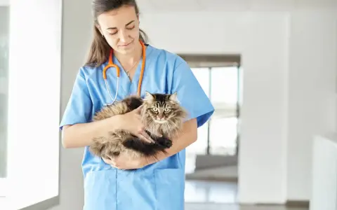 Veterinaria tiene in braccio un gatto dal pelo lungo, con uno sguardo che potrebbe far pensare a un gatto aggressivo, ma è solo un po' spaventato.