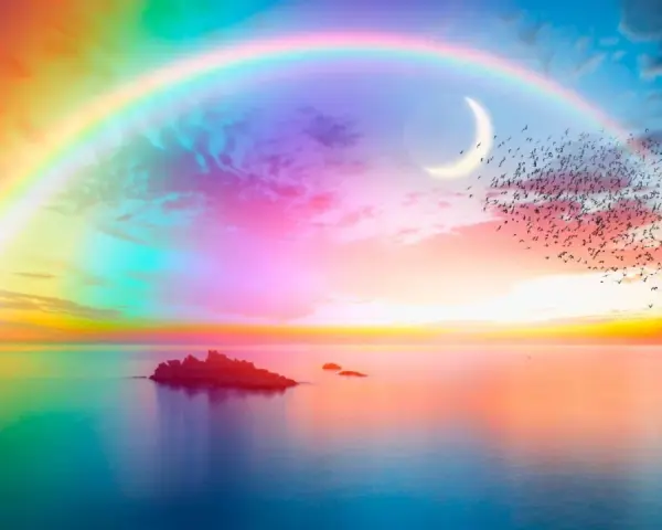 Un arcobaleno magico si estende sul mare calmo, con una luna crescente e uno stormo di uccelli che volano verso il ponte dell'arcobaleno.