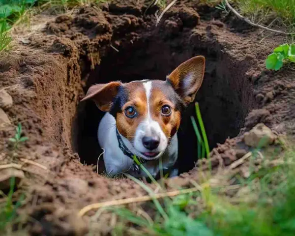 Un cane curioso emerge da una buca scavata nel terreno, forse per capire perché il cane scava sul pavimento.
