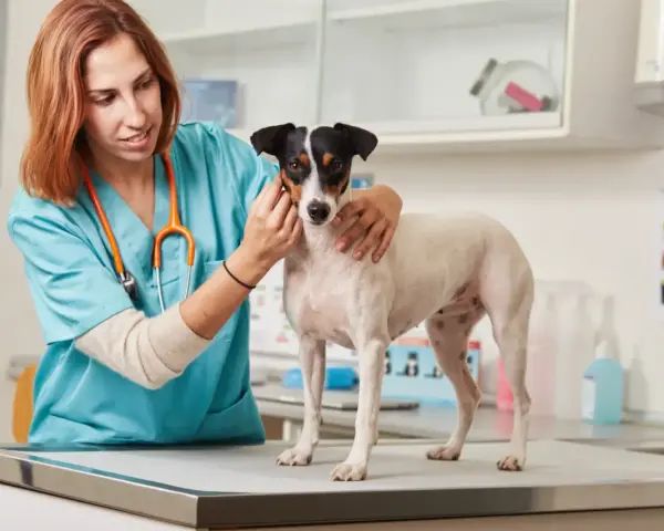 Veterinaria esamina un cane, preoccupata per la sua albumina bassa.
