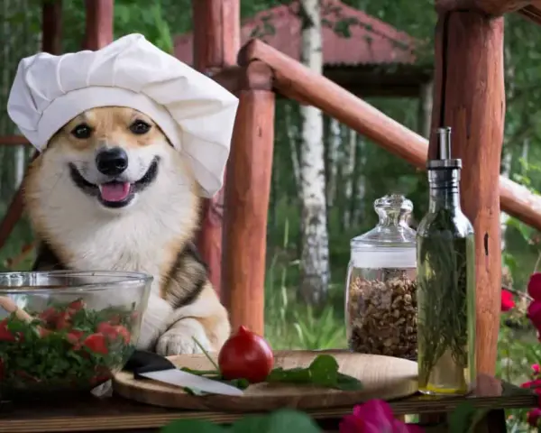 Un simpatico chef corgi prepara un'insalata, con ingredienti freschi e la certezza che i cani possono mangiare il prezzemolo.