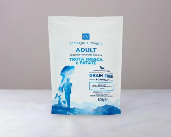 Crocchette vegetariane per cani "Compagni di Viaggio" Adult, grain-free, con trota fresca e patate. Alimento completo per cani di taglia piccola.