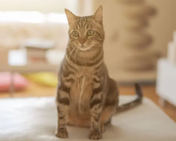 Gatto tigrato di grande razza, seduto su una superficie chiara, con occhi verdi attenti e sfondo sfocato.
