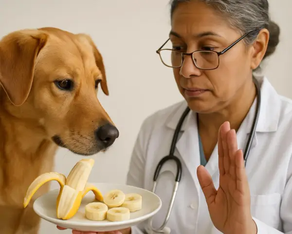 Veterinaria ferma un cane goloso che vuole mangiare una banana. La corretta alimentazione cane è fondamentale.