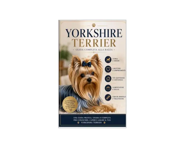 Un adorabile Yorkshire Terrier con un fiocco blu, protagonista di una guida completa sulla razza.