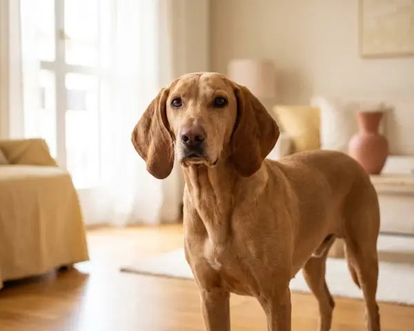 Un elegante segugio cane color miele, con lunghe orecchie flosce, posa in un soggiorno luminoso.